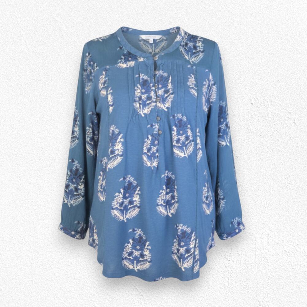 Y2K Lucky Brand Teal Blue Floral Peasant Blouse Boho Button Front Top Size Small